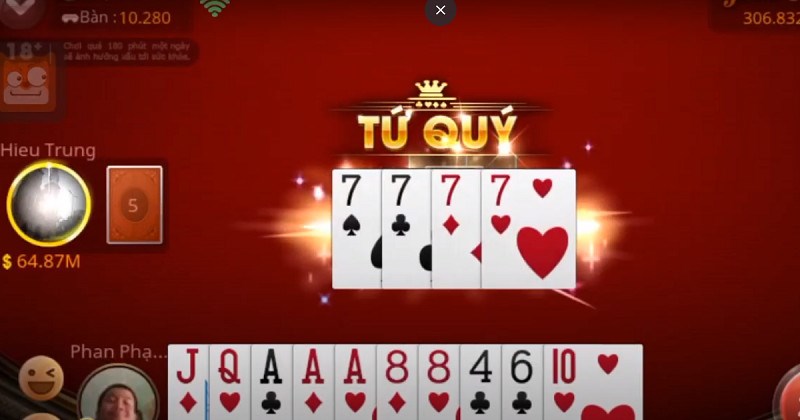 Tiến Lên Miền Nam tại OK88 – Trải nghiệm game bài cổ điển đầy chiến thuật 2 Tứ Quý là bộ bài có 4 lá giống nhau đủ các chất